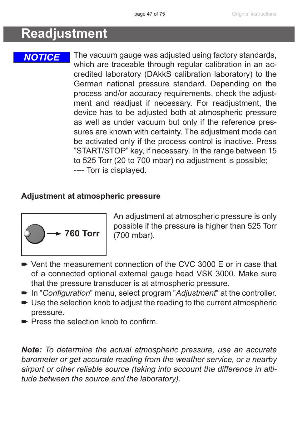 Readjustment, Notice | VACUUBRAND CVC 3000 E User Manual | Page 47 / 75