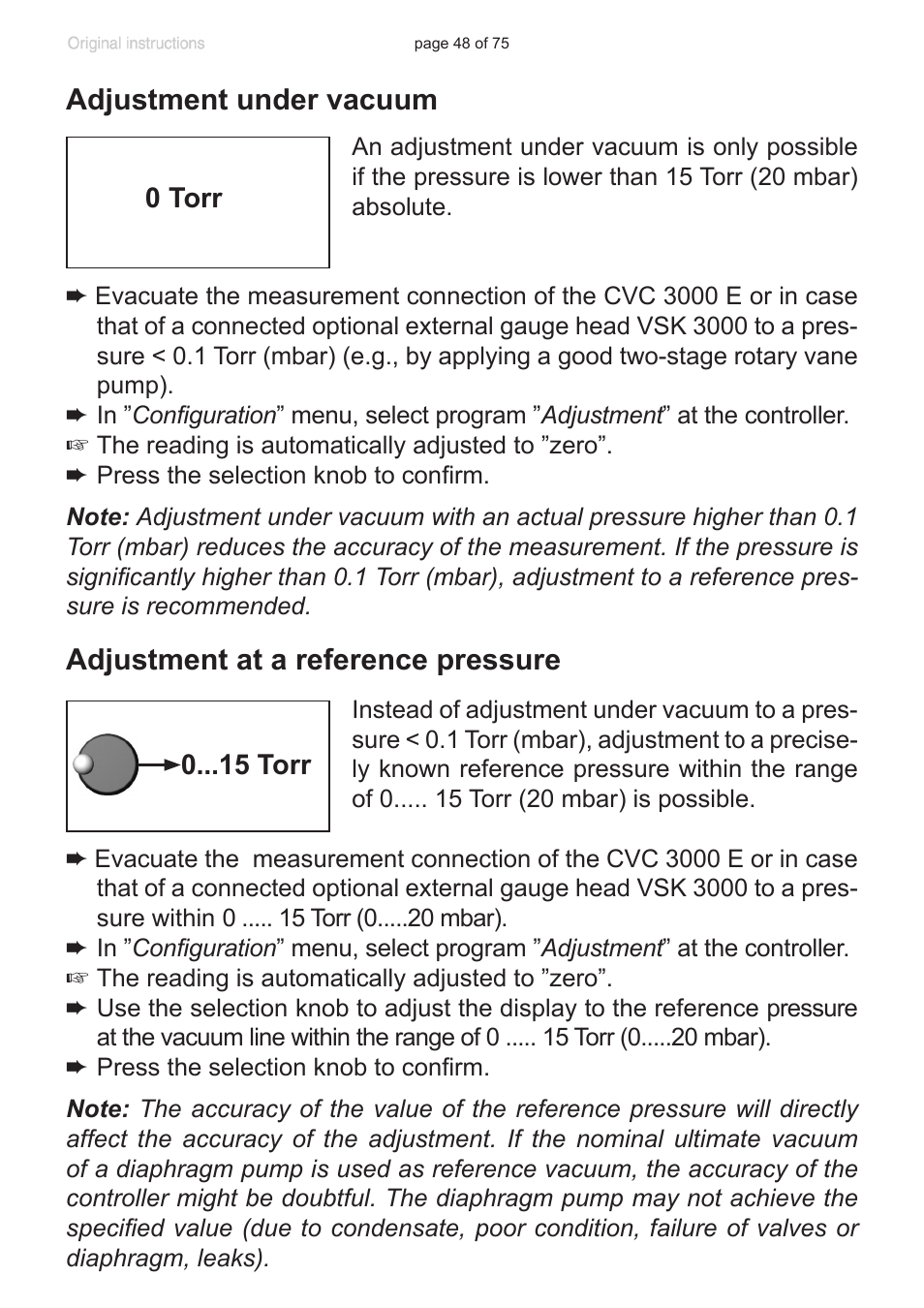 Adjustment under vacuum, Adjustment at a reference pressure | VACUUBRAND CVC 3000 E User Manual | Page 48 / 75