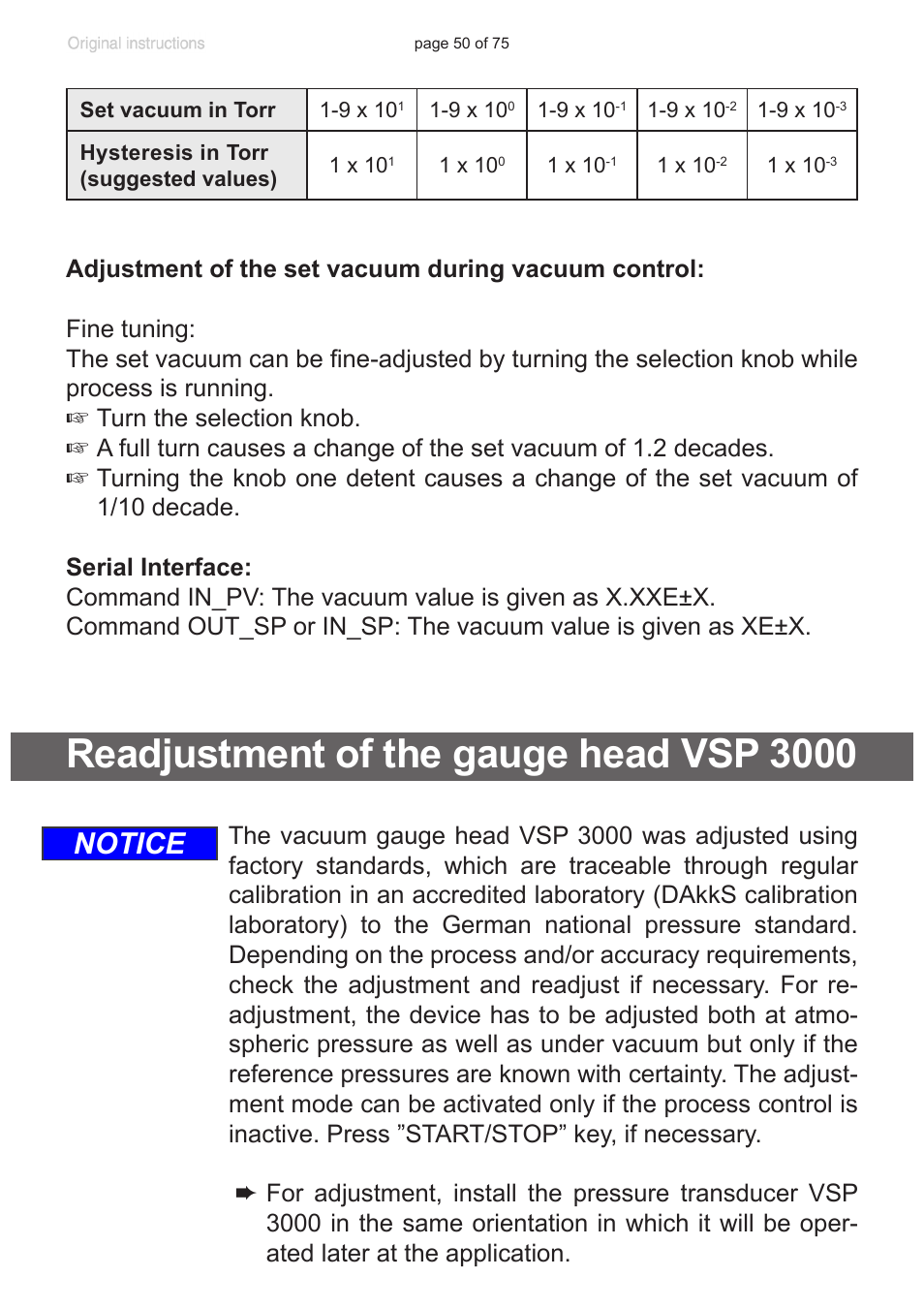 Readjustment of the gauge head vsp 3000, Notice | VACUUBRAND CVC 3000 E User Manual | Page 50 / 75