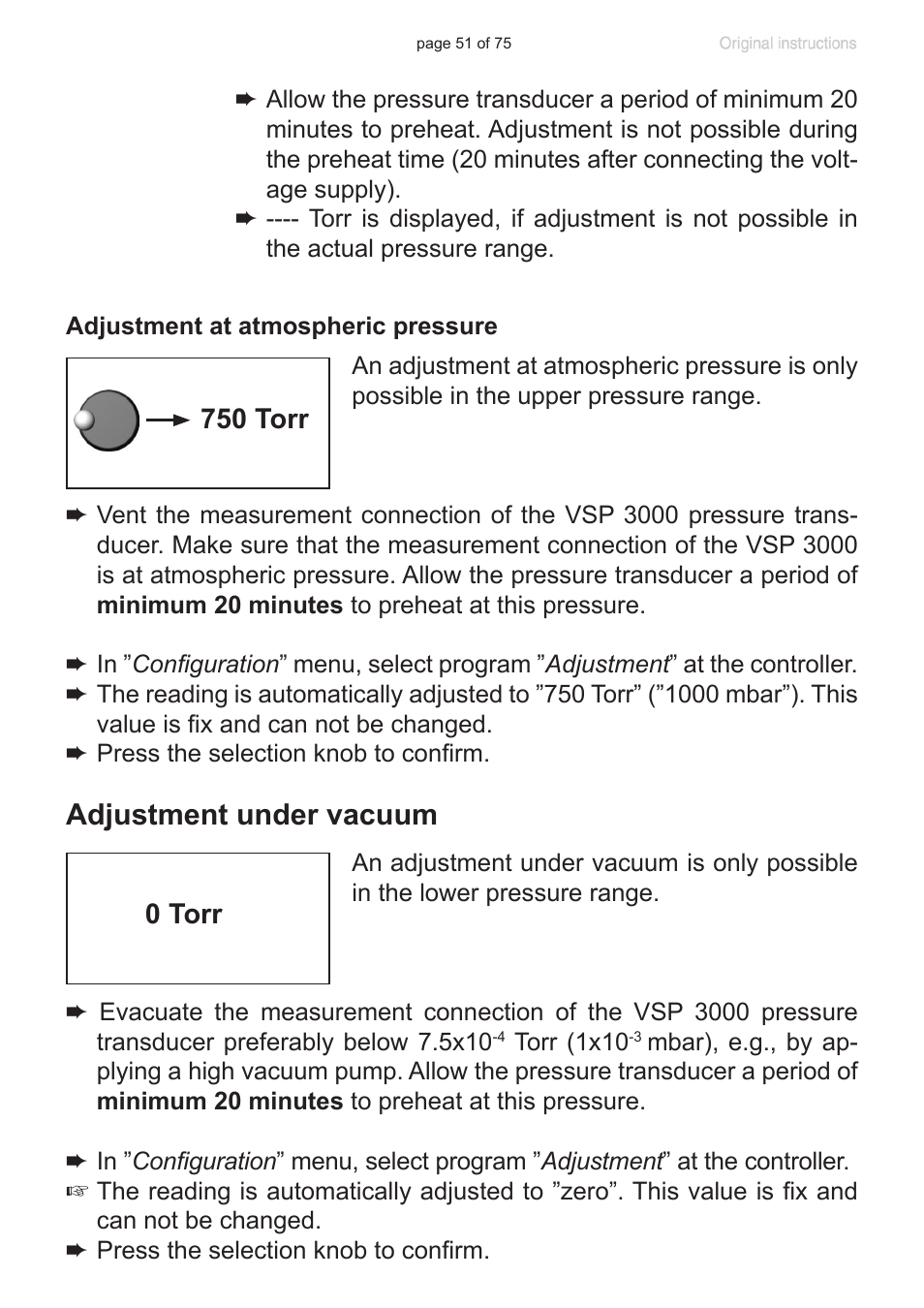 Adjustment under vacuum, 750 torr, 0 torr | VACUUBRAND CVC 3000 E User Manual | Page 51 / 75