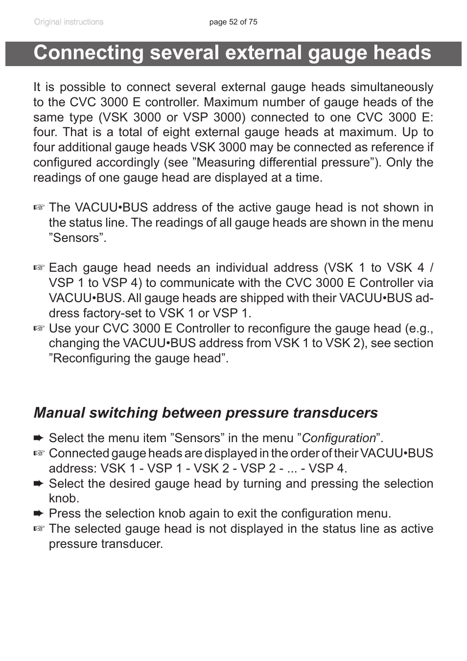 Connecting several external gauge heads, Manual switching between pressure transducers | VACUUBRAND CVC 3000 E User Manual | Page 52 / 75