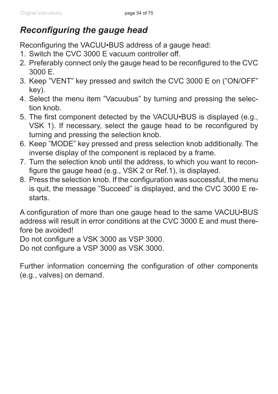 Reconfiguring the gauge head | VACUUBRAND CVC 3000 E User Manual | Page 54 / 75