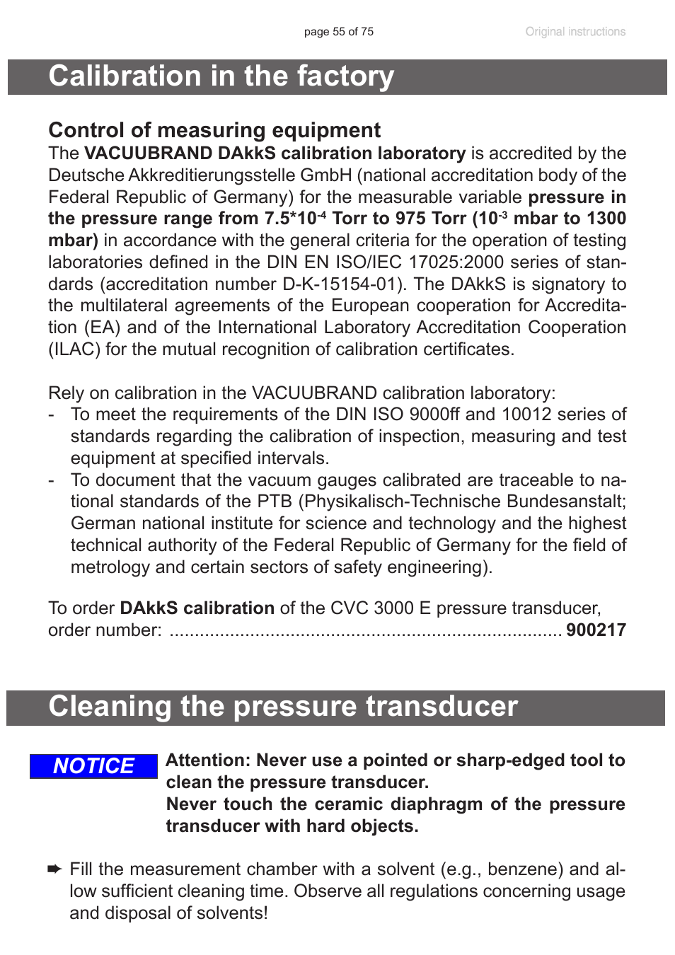 Calibration in the factory, Cleaning the pressure transducer, Control of measuring equipment | Notice | VACUUBRAND CVC 3000 E User Manual | Page 55 / 75