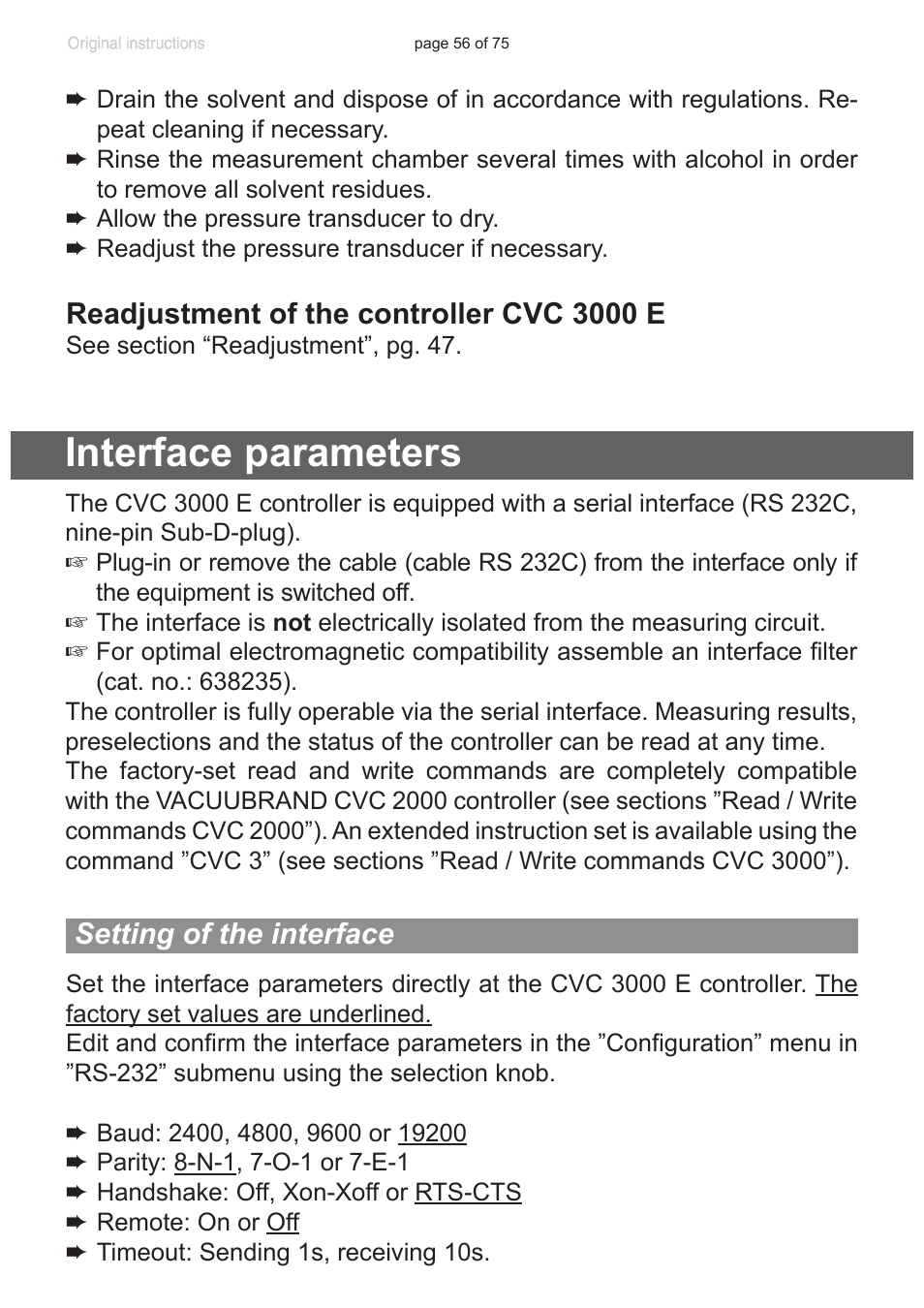 Interface parameters, Setting of the interface, Readjustment of the controller cvc 3000 e | VACUUBRAND CVC 3000 E User Manual | Page 56 / 75