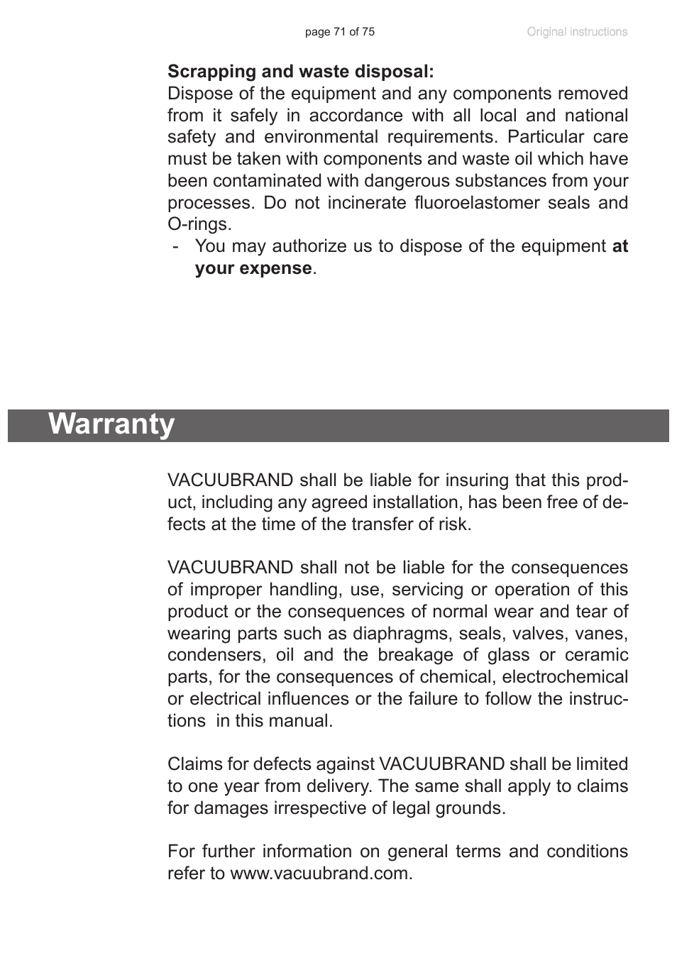 Warranty | VACUUBRAND CVC 3000 E User Manual | Page 71 / 75