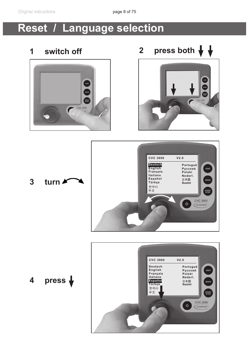 Reset / language selection, 1 switch off 2 press both 3 turn 4 press | VACUUBRAND CVC 3000 E User Manual | Page 8 / 75