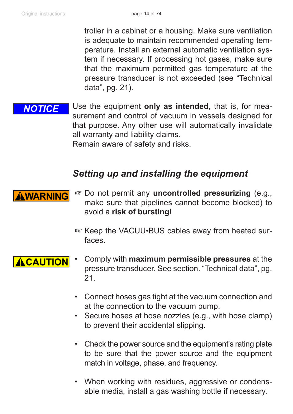 Setting up and installing the equipment, Notice | VACUUBRAND CVC 3000 detect User Manual | Page 14 / 74