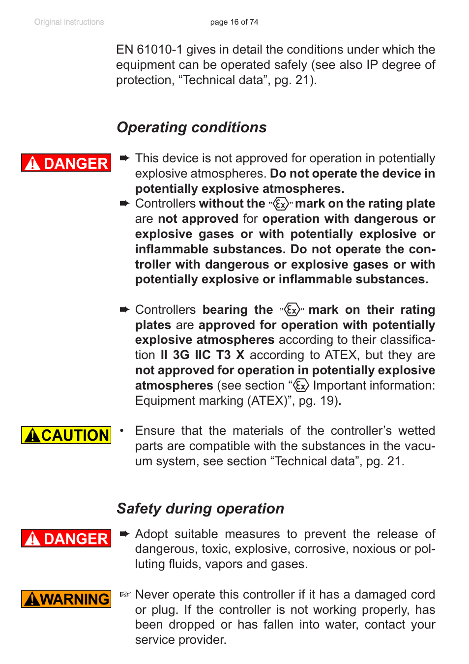 Operating conditions, Safety during operation | VACUUBRAND CVC 3000 detect User Manual | Page 16 / 74