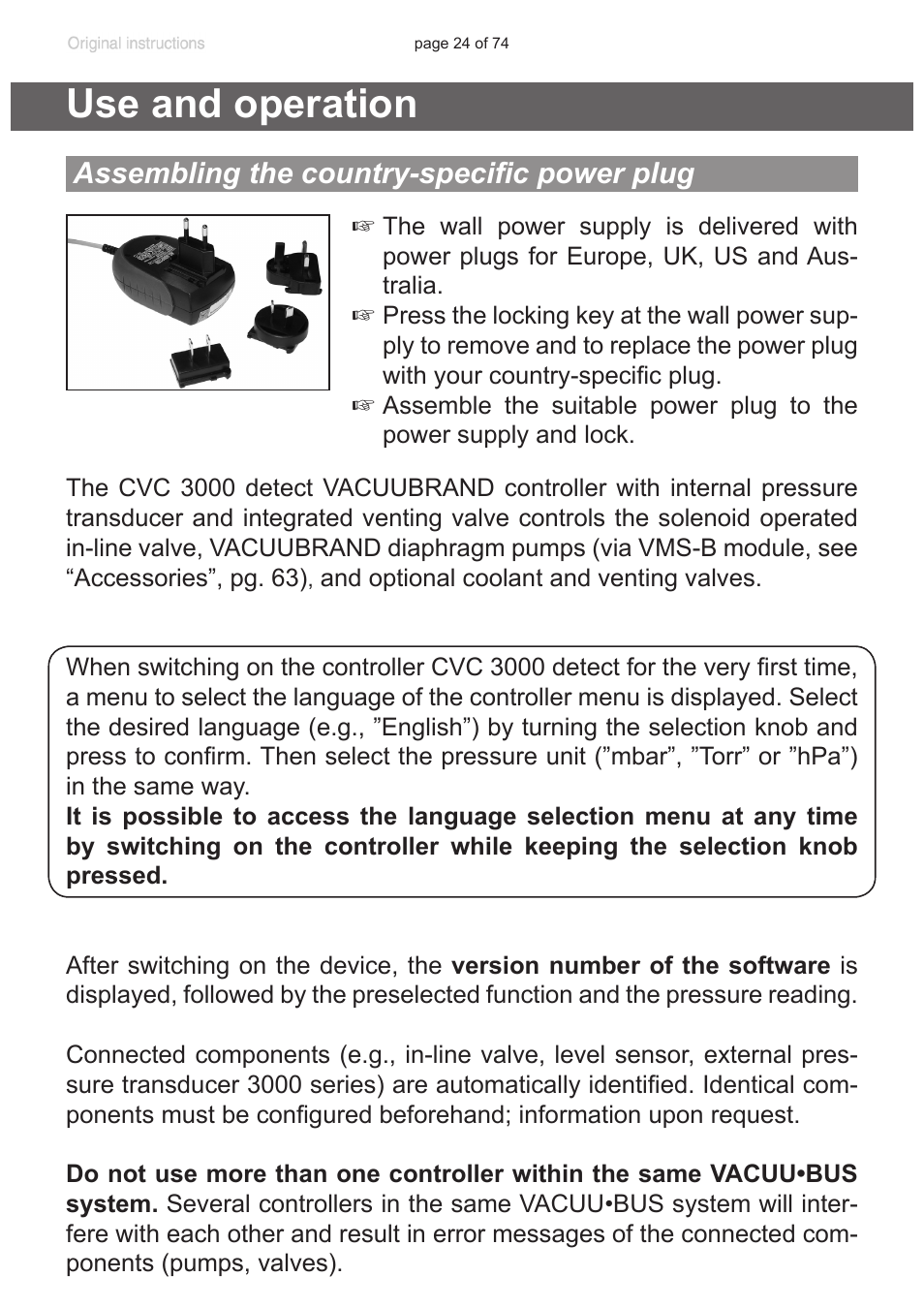 Use and operation, Assembling the country-specific power plug | VACUUBRAND CVC 3000 detect User Manual | Page 24 / 74