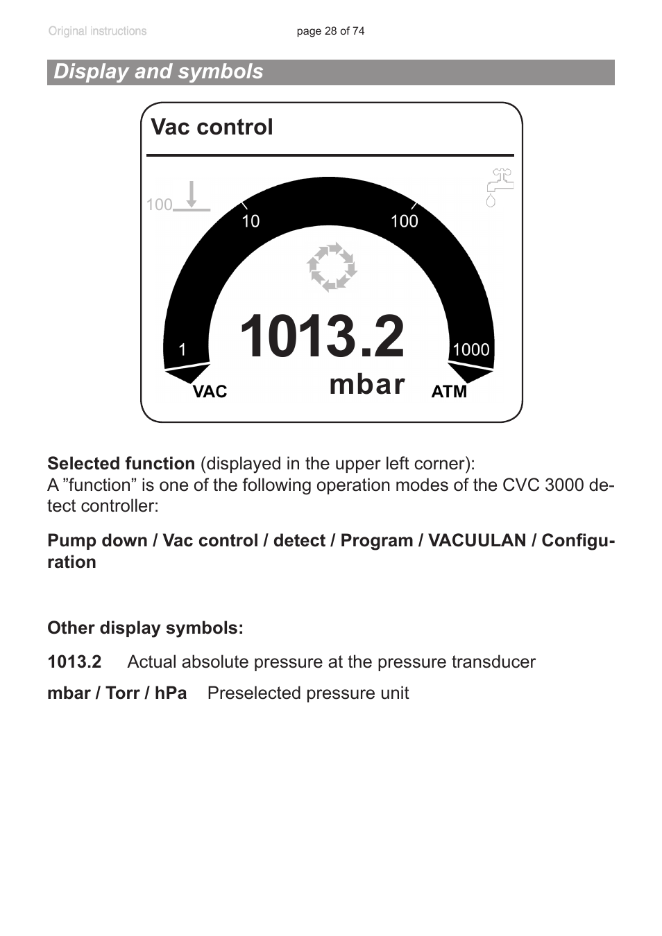 Display and symbols, Mbar | VACUUBRAND CVC 3000 detect User Manual | Page 28 / 74