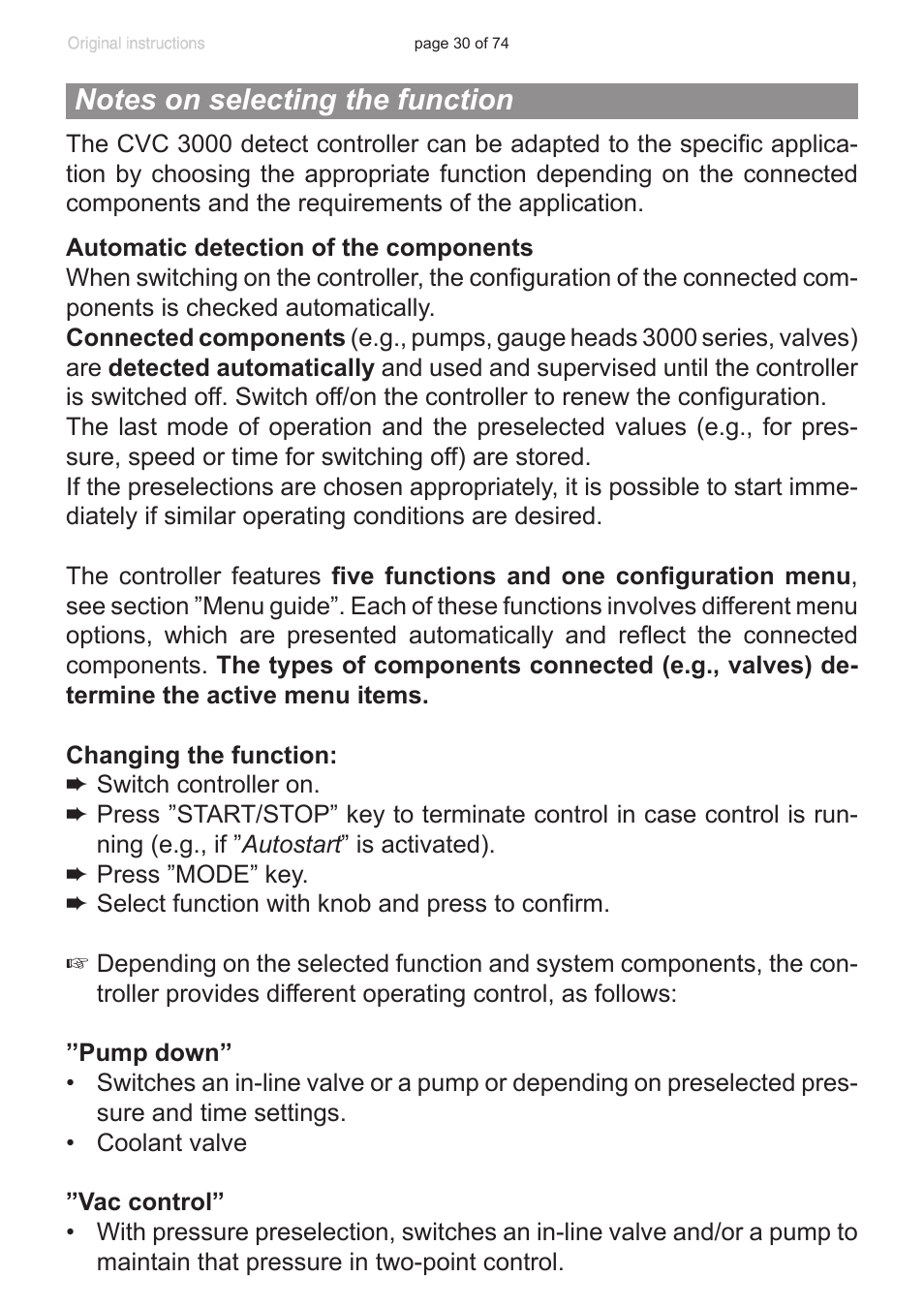 Notes on selecting the function | VACUUBRAND CVC 3000 detect User Manual | Page 30 / 74