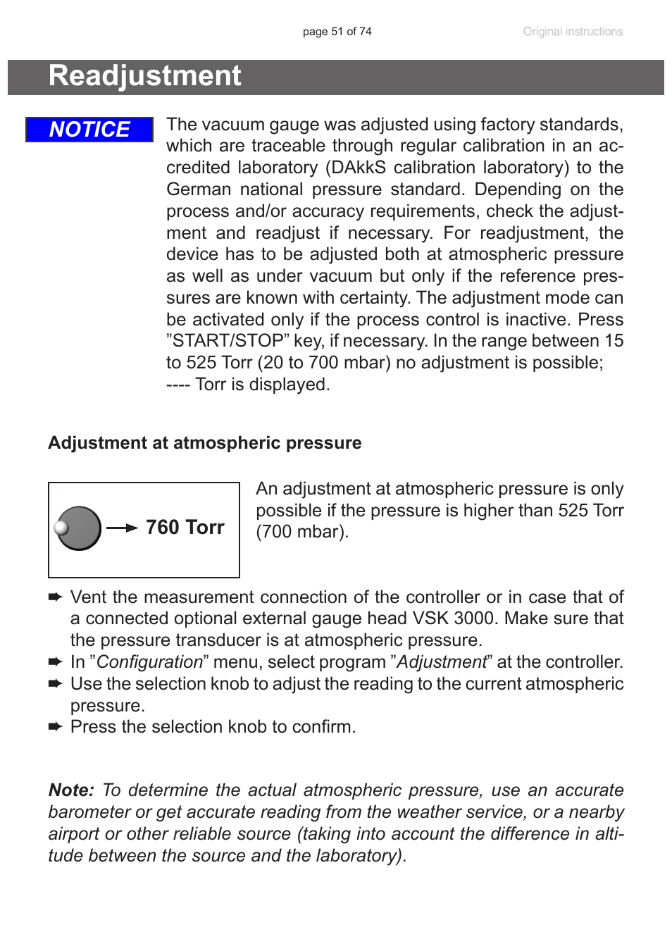 Readjustment, Notice | VACUUBRAND CVC 3000 detect User Manual | Page 51 / 74