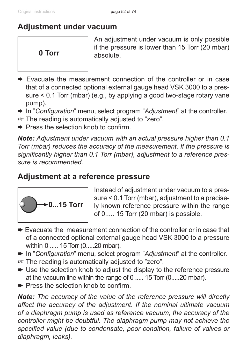 Adjustment under vacuum, Adjustment at a reference pressure | VACUUBRAND CVC 3000 detect User Manual | Page 52 / 74