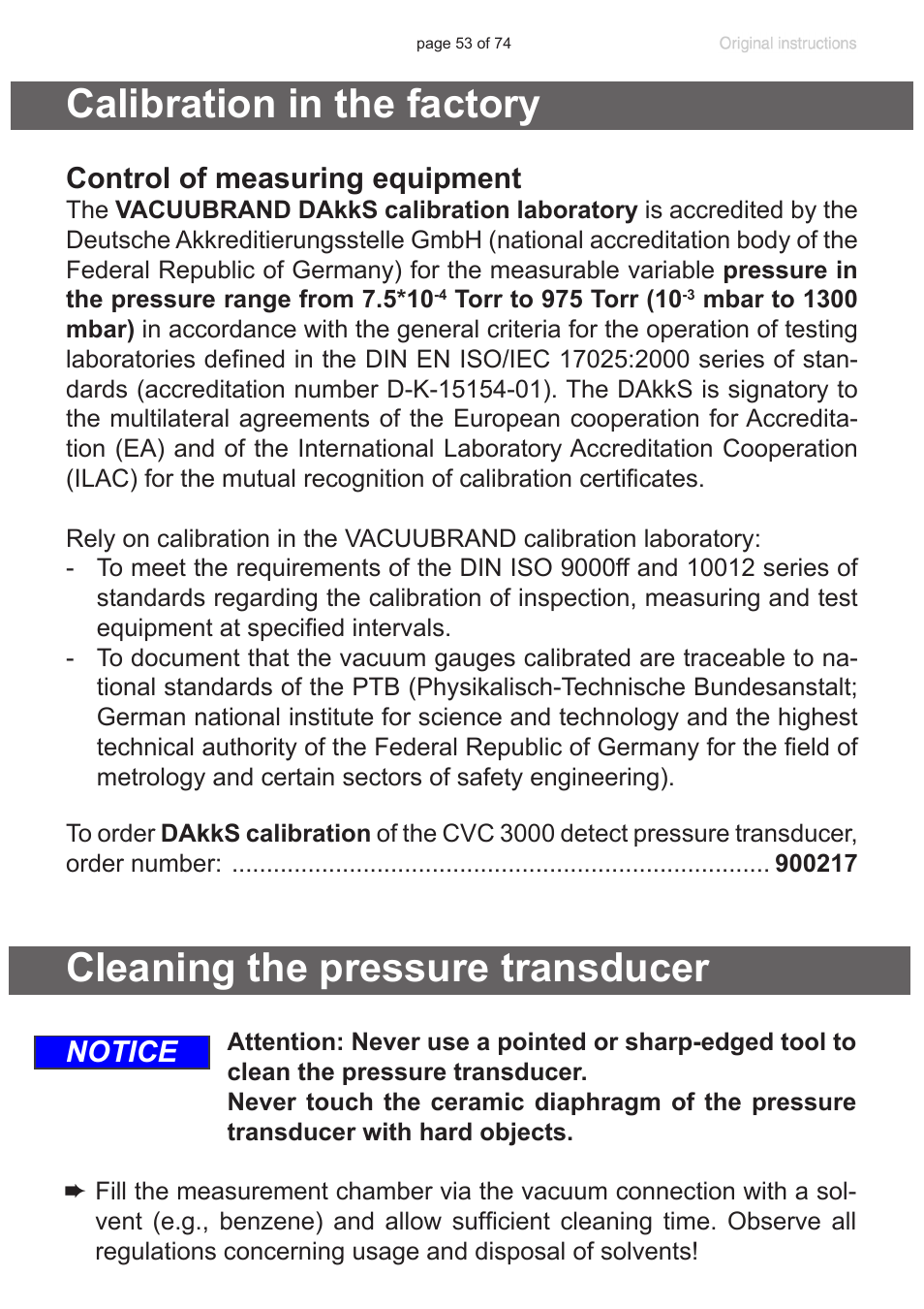 Calibration in the factory, Cleaning the pressure transducer, Control of measuring equipment | Notice | VACUUBRAND CVC 3000 detect User Manual | Page 53 / 74