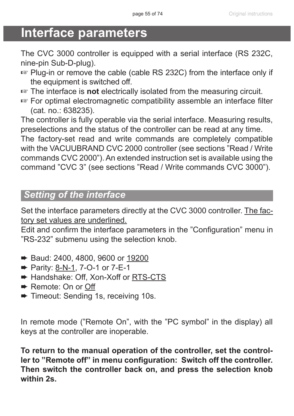 Interface parameters, Setting of the interface | VACUUBRAND CVC 3000 detect User Manual | Page 55 / 74