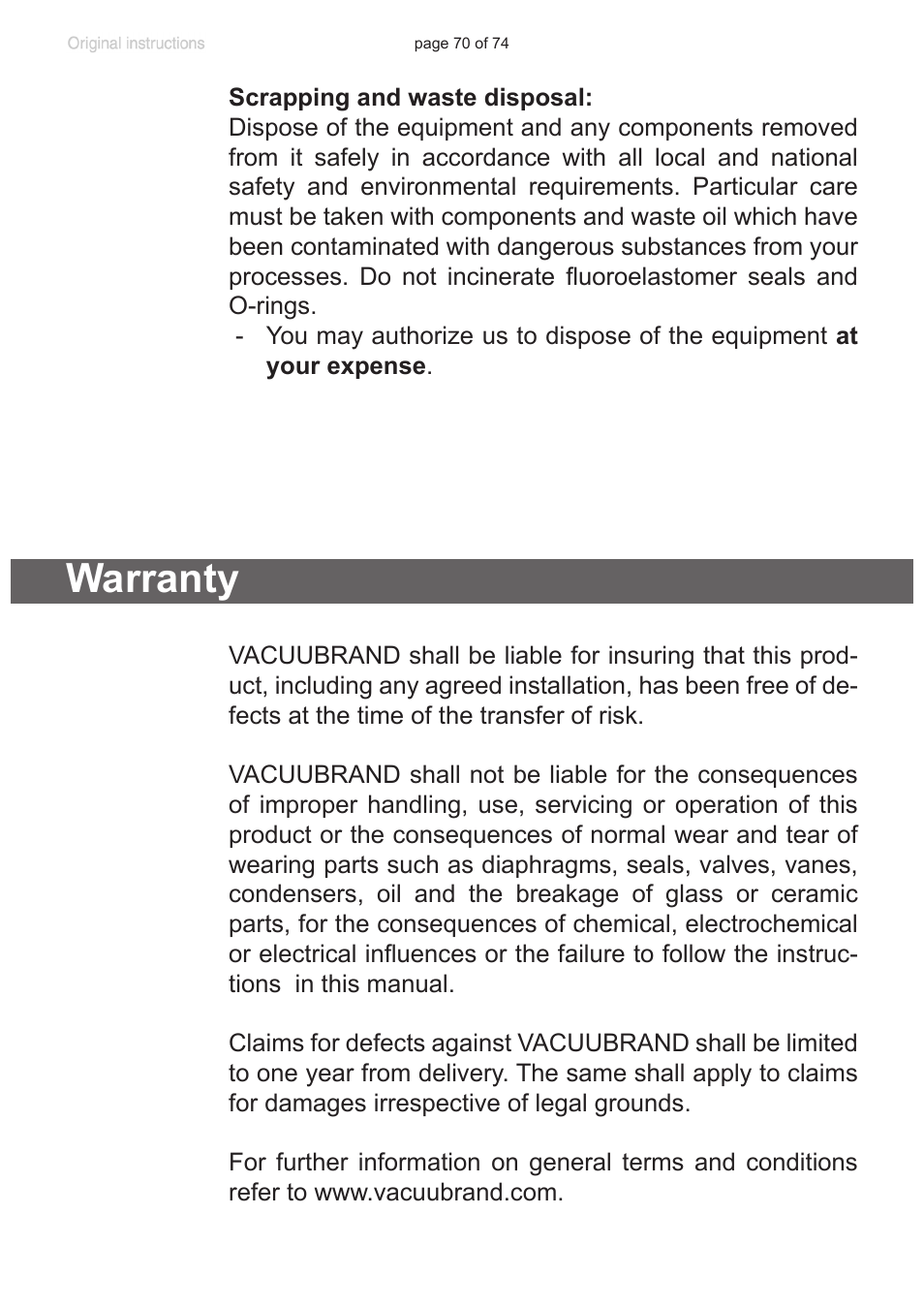 Warranty | VACUUBRAND CVC 3000 detect User Manual | Page 70 / 74