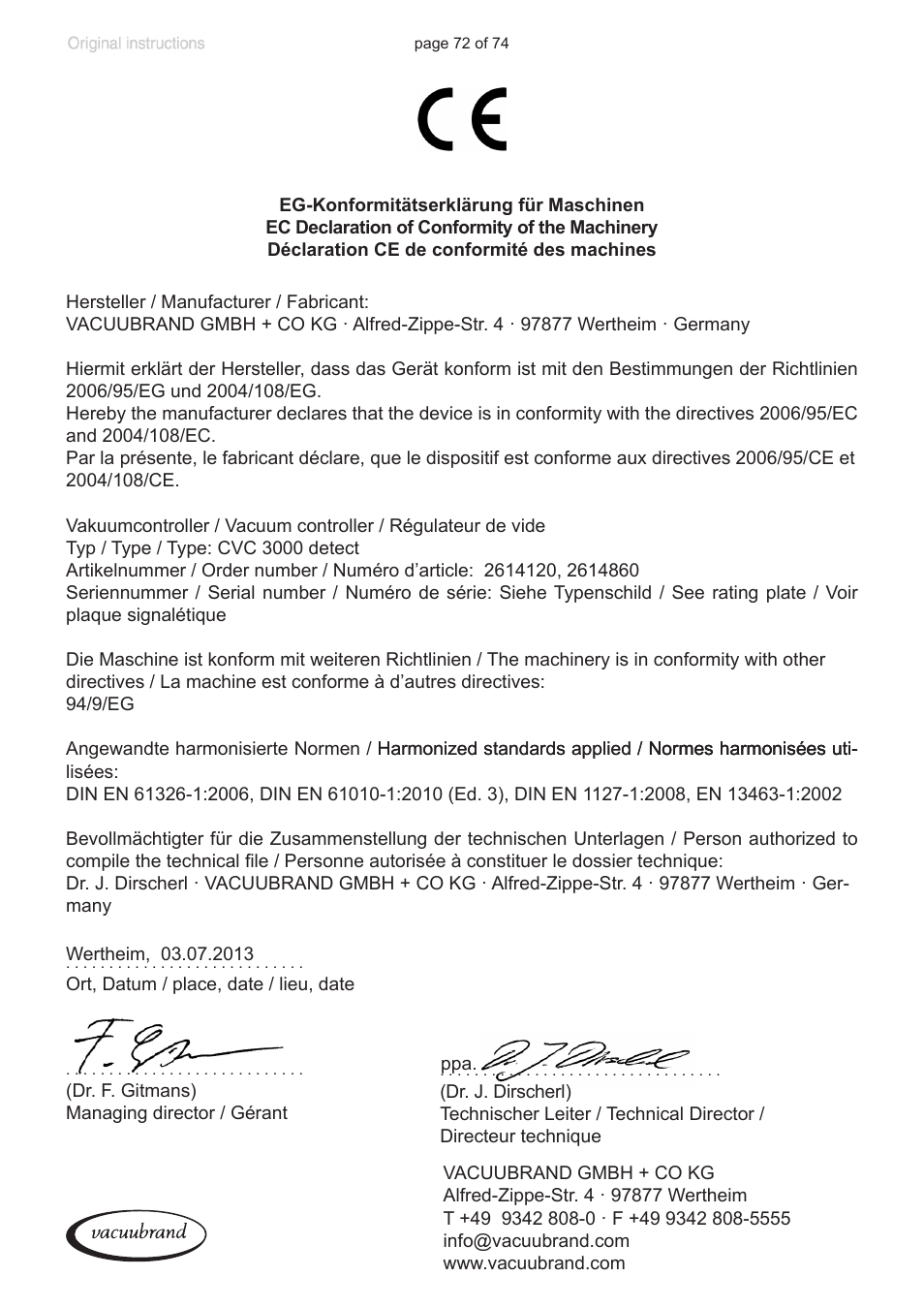 Ec declaration of conformity of the machinery | VACUUBRAND CVC 3000 detect User Manual | Page 72 / 74