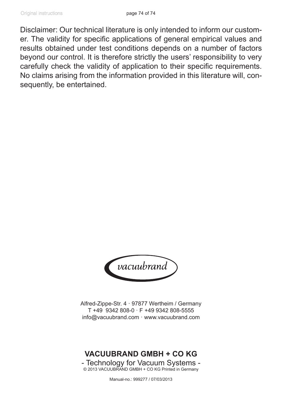 VACUUBRAND CVC 3000 detect User Manual | Page 74 / 74