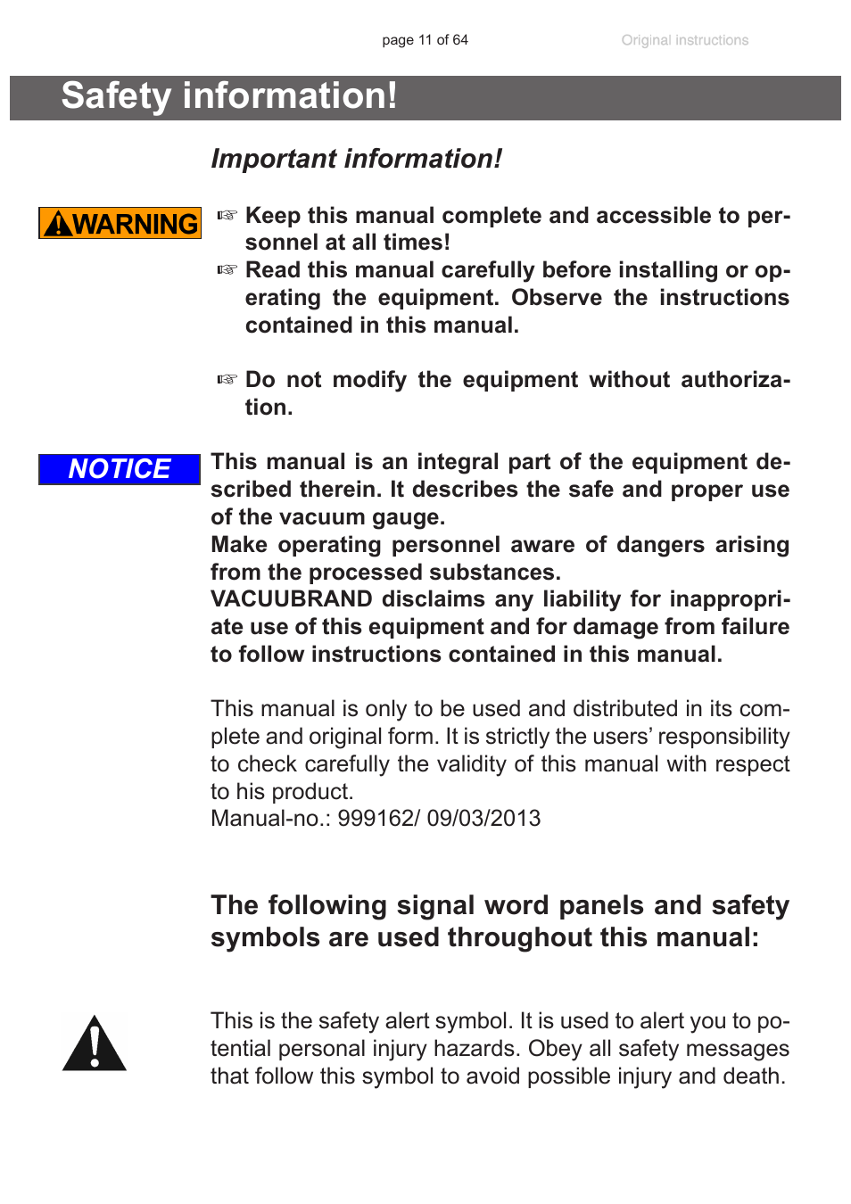 Safety information, Important information, Notice | VACUUBRAND DCP 3000 User Manual | Page 11 / 64