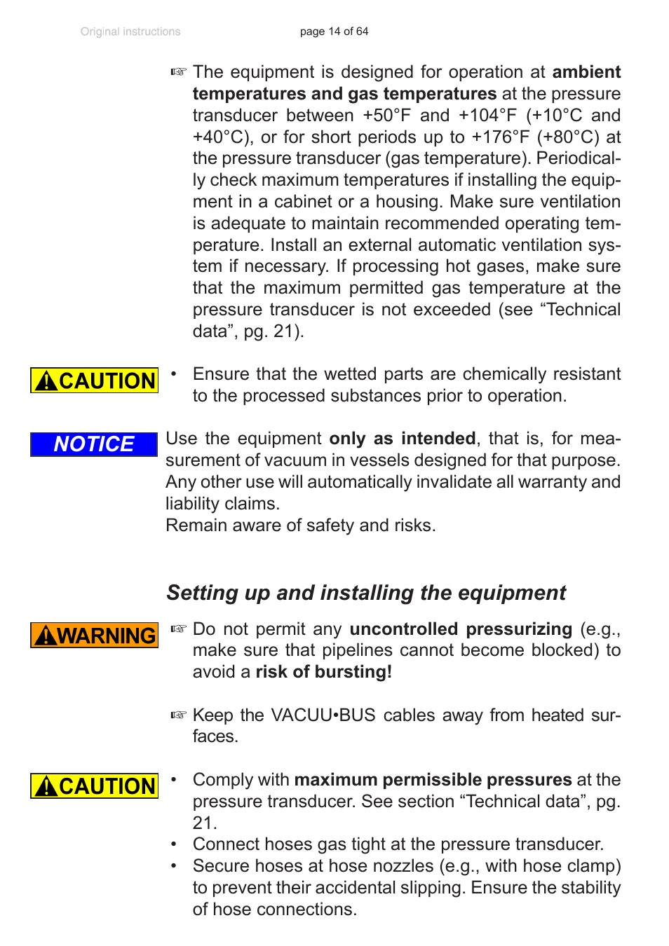 Setting up and installing the equipment, Notice | VACUUBRAND DCP 3000 User Manual | Page 14 / 64