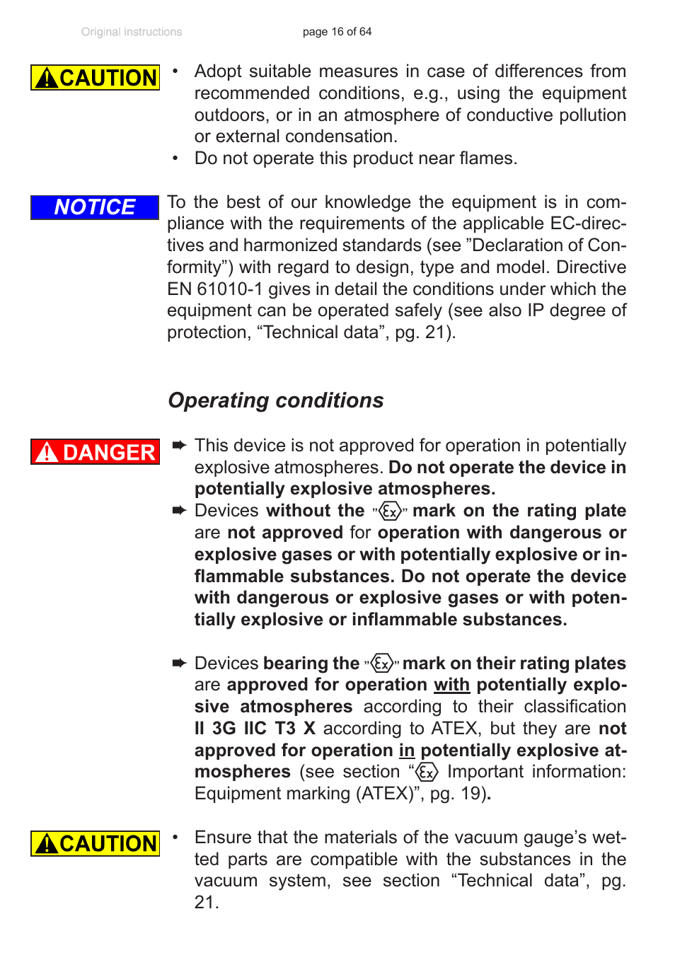 Operating conditions, Notice | VACUUBRAND DCP 3000 User Manual | Page 16 / 64