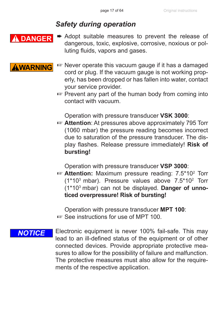 Safety during operation, Notice | VACUUBRAND DCP 3000 User Manual | Page 17 / 64