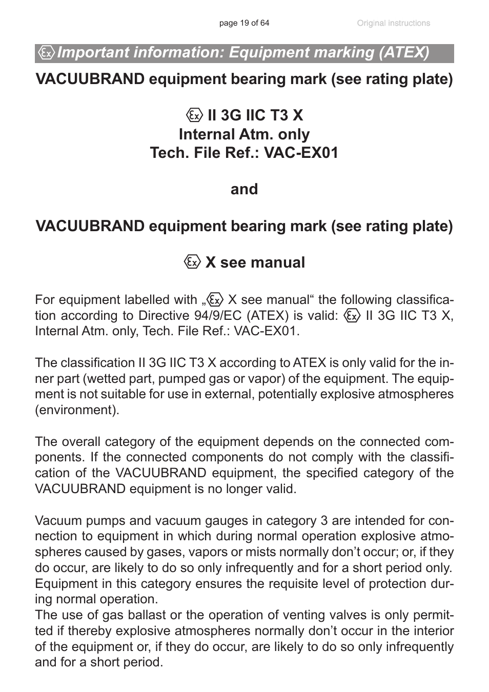 Important information: equipment marking (atex), See section, Important information | Equipment marking (atex)”, pg. 19) | VACUUBRAND DCP 3000 User Manual | Page 19 / 64