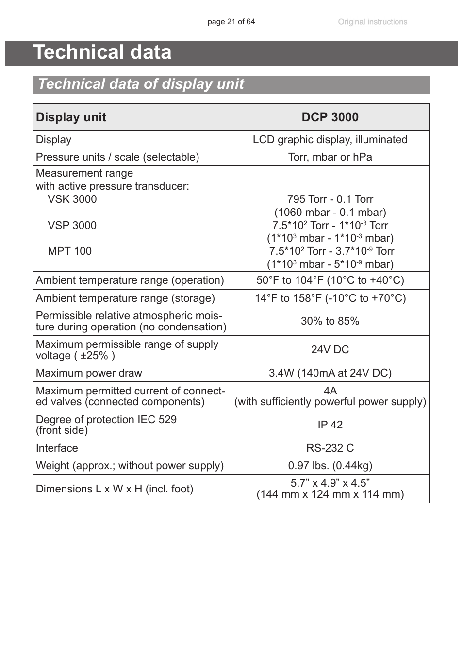 Technical data, Technical data of display unit, Technical data of power supply | See also “technical data”, pg. 21) if, See “technical, Data”, pg. 21), See section “technical data”, pg, Protection, “technical data”, pg. 21), Vacuum system, see section “technical data”, pg, Display unit dcp 3000 | VACUUBRAND DCP 3000 User Manual | Page 21 / 64