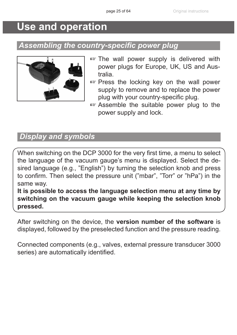 Use and operation, Assembling the country-specific power plug, Display and symbols | Ctions; see section “use and operation”, pg | VACUUBRAND DCP 3000 User Manual | Page 25 / 64