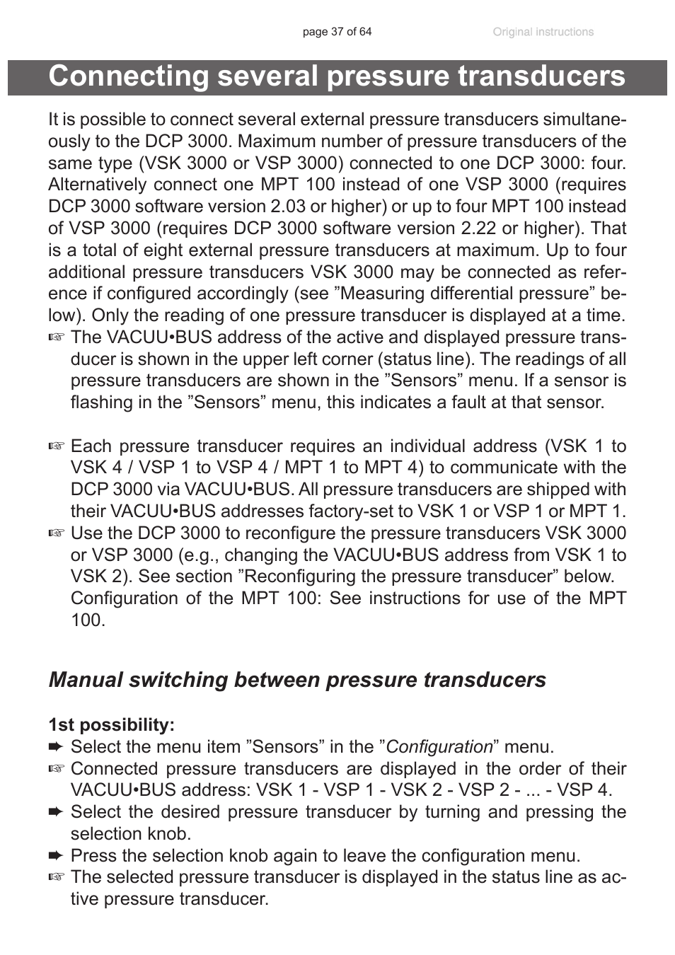 Connecting several pressure transducers, Manual switching between pressure transducers | VACUUBRAND DCP 3000 User Manual | Page 37 / 64