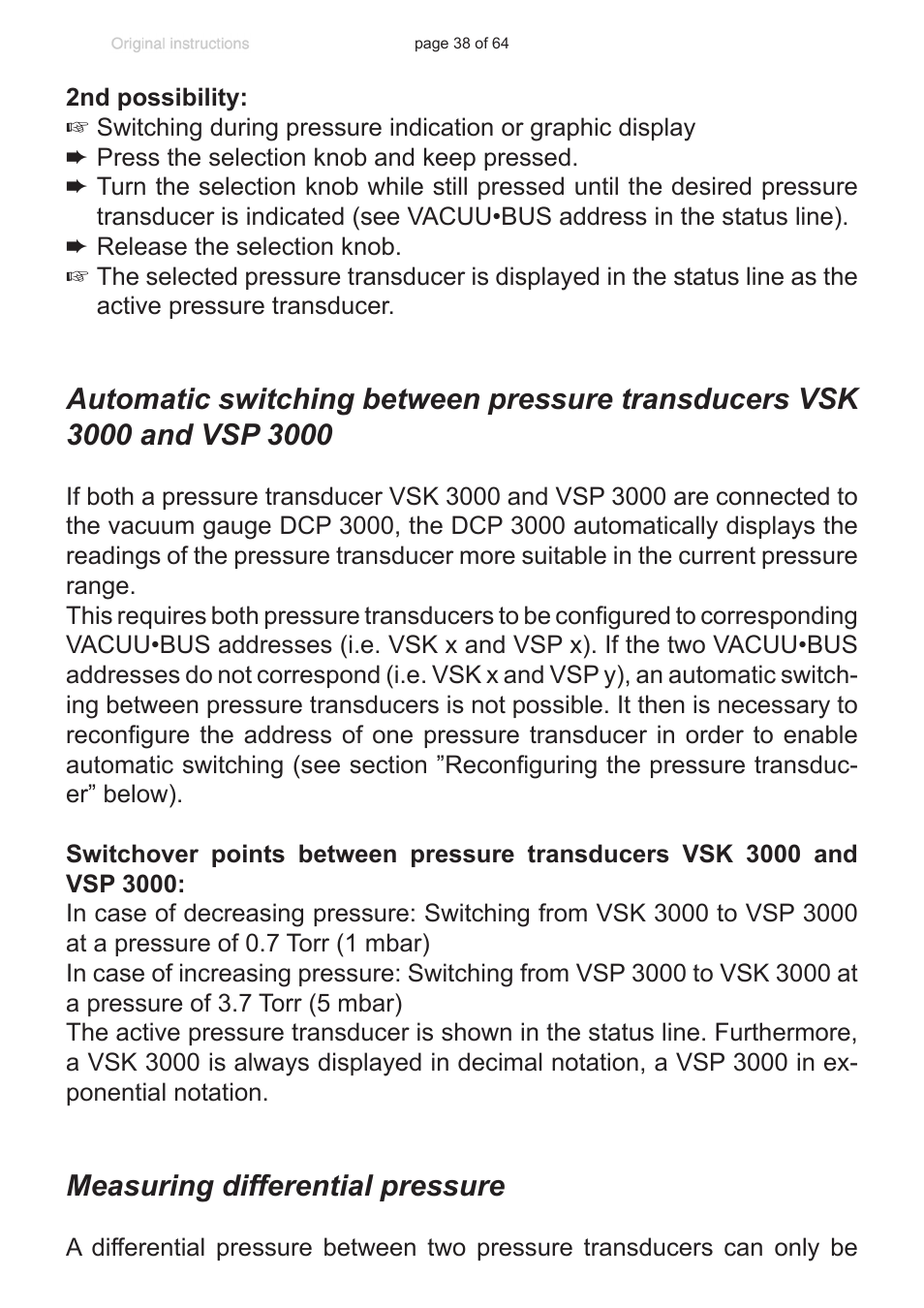 Measuring differential pressure, Automatic switching between pressure transducers, Vsk 3000 and vsp 3000 | VACUUBRAND DCP 3000 User Manual | Page 38 / 64