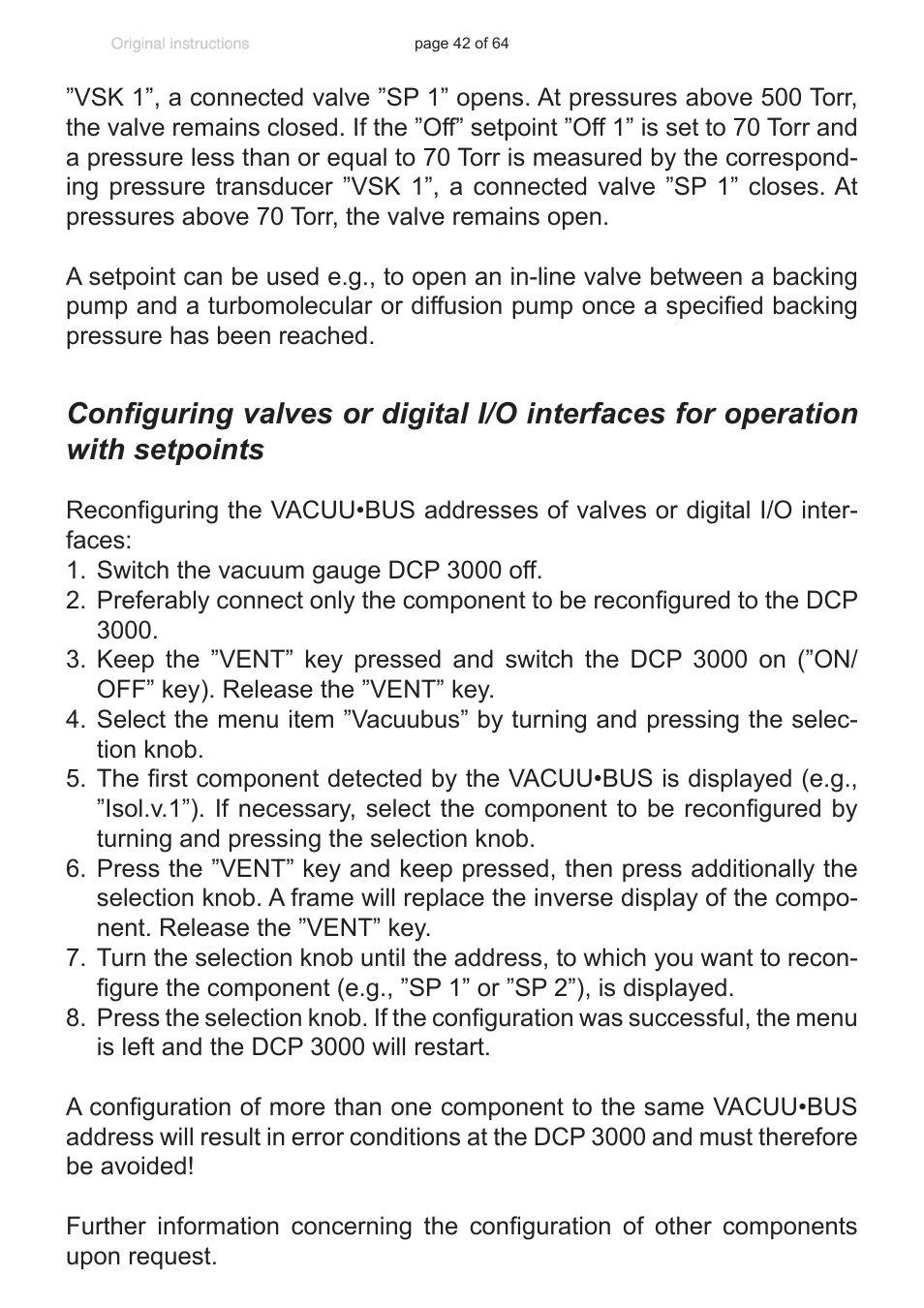 Configuring valves or digital i/o interfaces, For operation with setpoints | VACUUBRAND DCP 3000 User Manual | Page 42 / 64