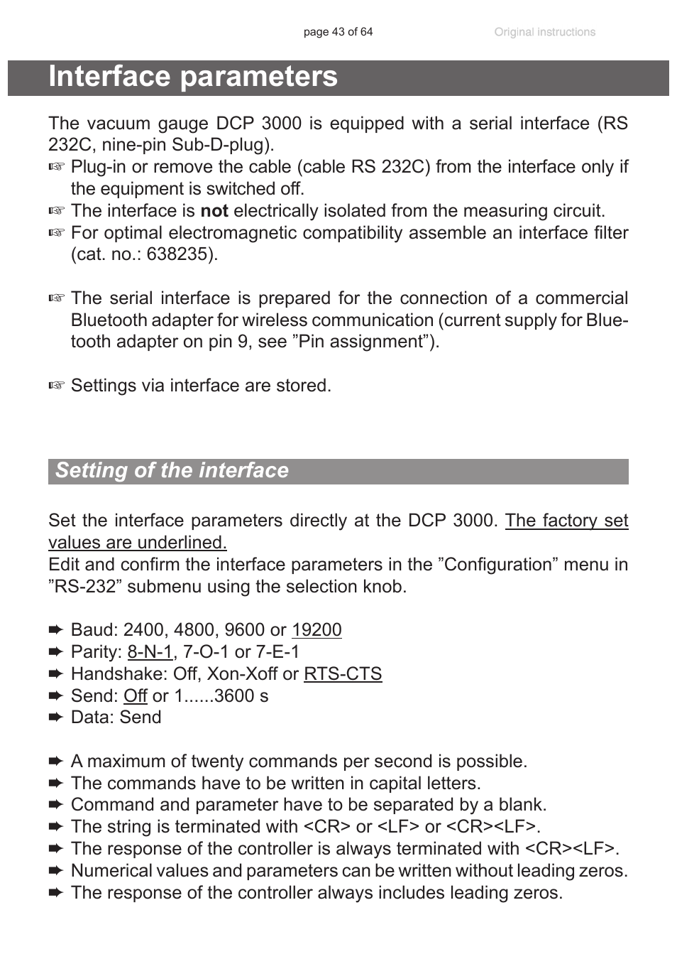 Interface parameters, Setting of the interface | VACUUBRAND DCP 3000 User Manual | Page 43 / 64