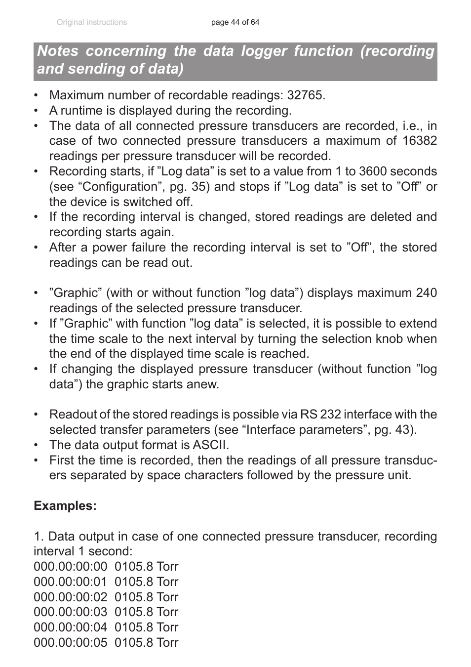 Notes concerning the data logger function, Recording and sending of data), Function (recording and sending of data)”, pg. 44 | VACUUBRAND DCP 3000 User Manual | Page 44 / 64