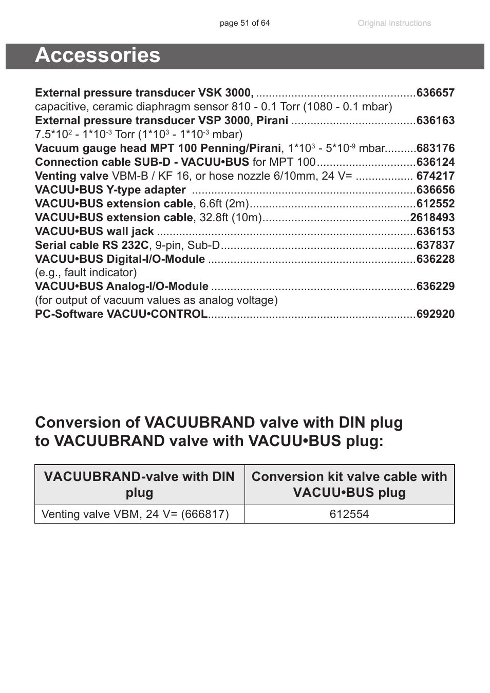Accessories | VACUUBRAND DCP 3000 User Manual | Page 51 / 64