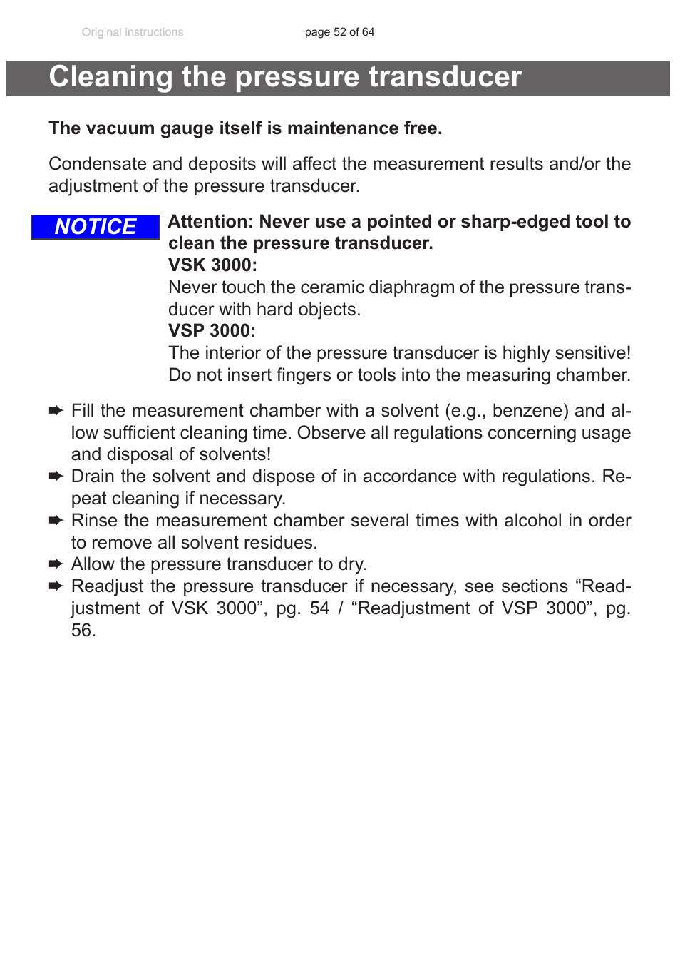 Cleaning the pressure transducer, Notice | VACUUBRAND DCP 3000 User Manual | Page 52 / 64