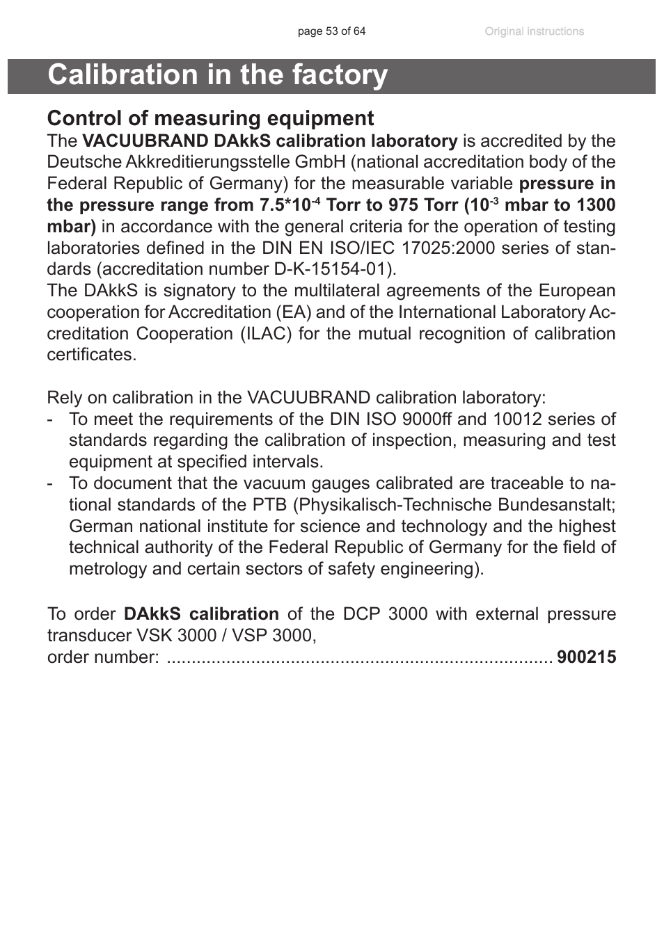 Calibration in the factory, Control of measuring equipment | VACUUBRAND DCP 3000 User Manual | Page 53 / 64