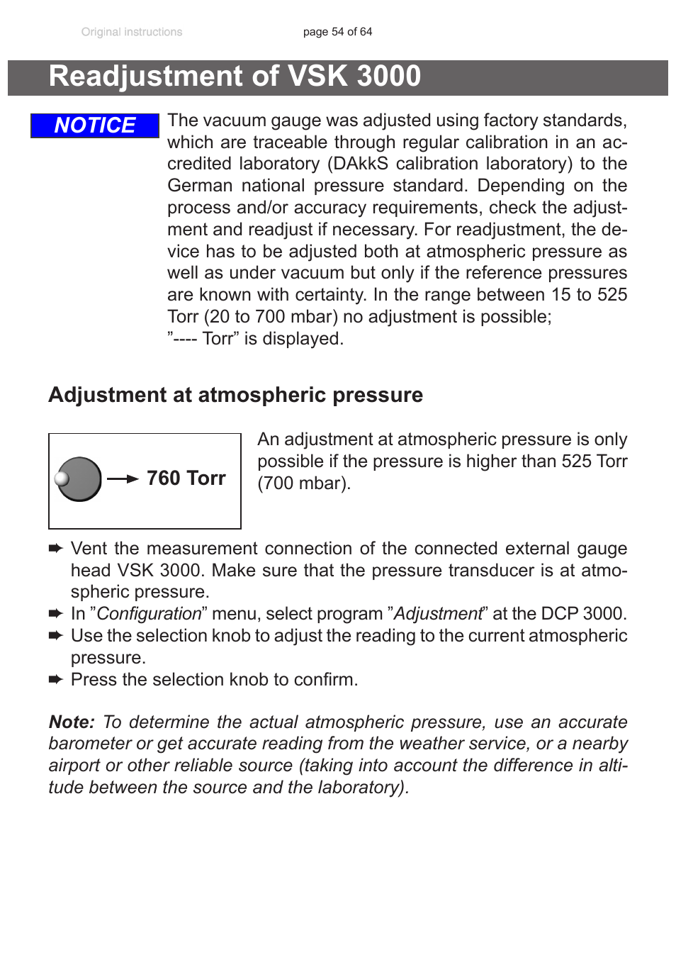 Readjustment of vsk 3000, See also sections, “readjustment of, Vsk 3000”, pg. 54. / “readjustment of vsp | See sections “read, Justment of vsk 3000”, pg. 54 / “readjustment, Notice adjustment at atmospheric pressure | VACUUBRAND DCP 3000 User Manual | Page 54 / 64