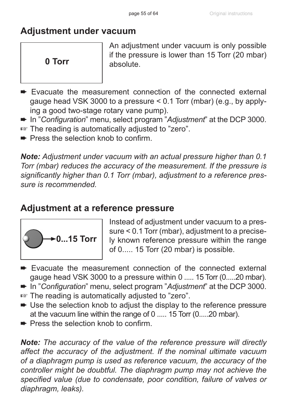 Adjustment under vacuum, Adjustment at a reference pressure | VACUUBRAND DCP 3000 User Manual | Page 55 / 64