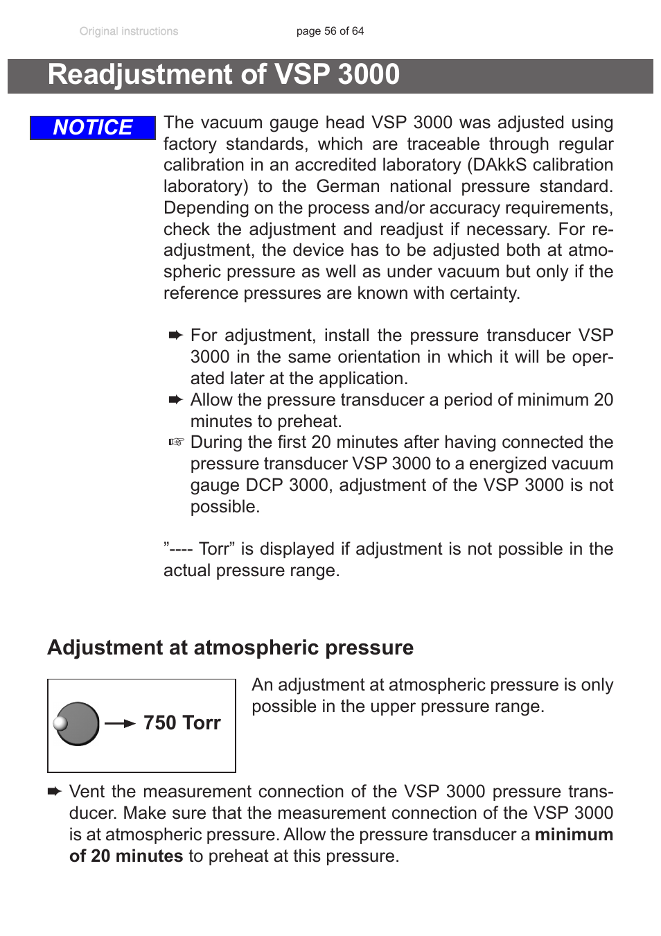 Readjustment of vsp 3000, 3000”, pg. 56, Of vsp 3000”, pg | Notice adjustment at atmospheric pressure | VACUUBRAND DCP 3000 User Manual | Page 56 / 64