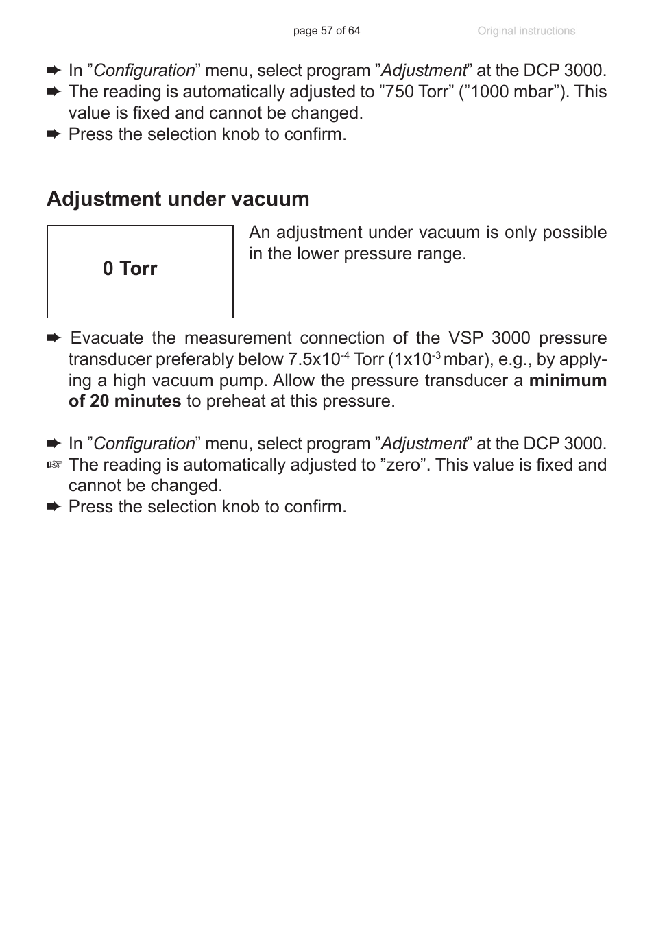 Adjustment under vacuum, 0 torr | VACUUBRAND DCP 3000 User Manual | Page 57 / 64