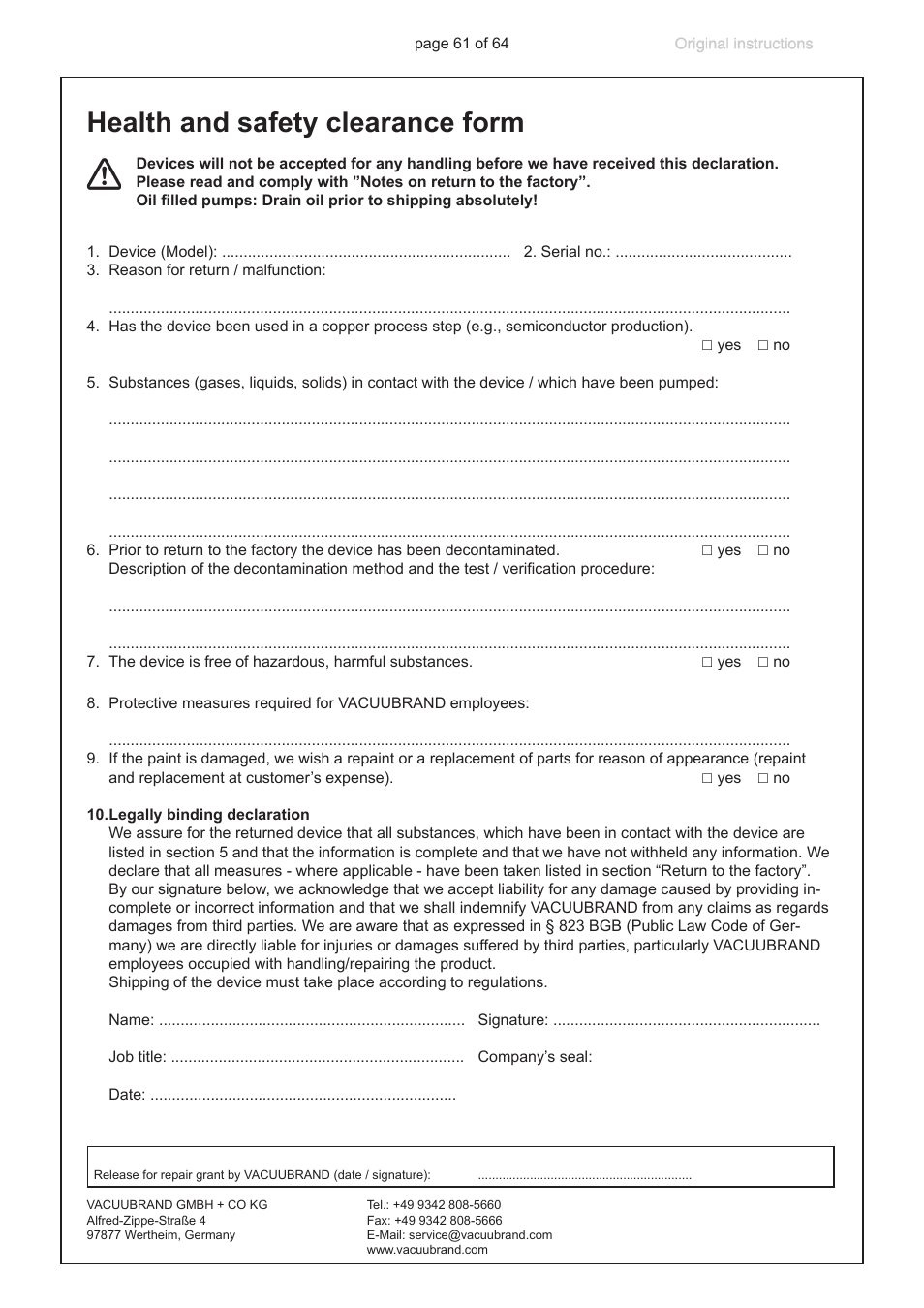 Health and safety clearance form | VACUUBRAND DCP 3000 User Manual | Page 61 / 64