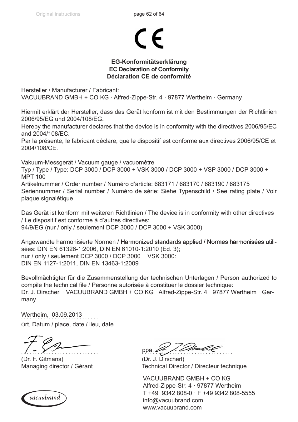 Ec declaration of conformity of the machinery | VACUUBRAND DCP 3000 User Manual | Page 62 / 64
