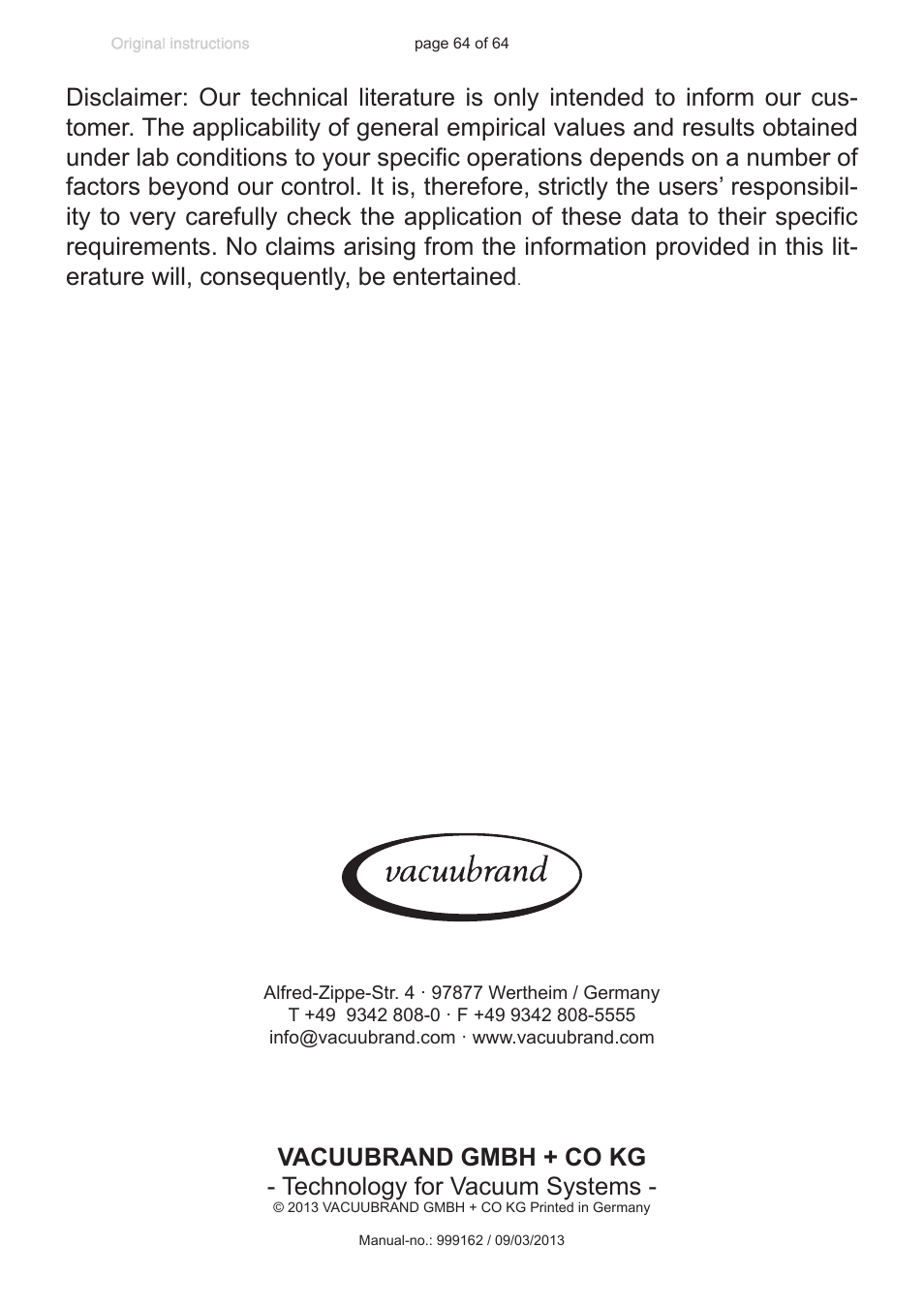 VACUUBRAND DCP 3000 User Manual | Page 64 / 64