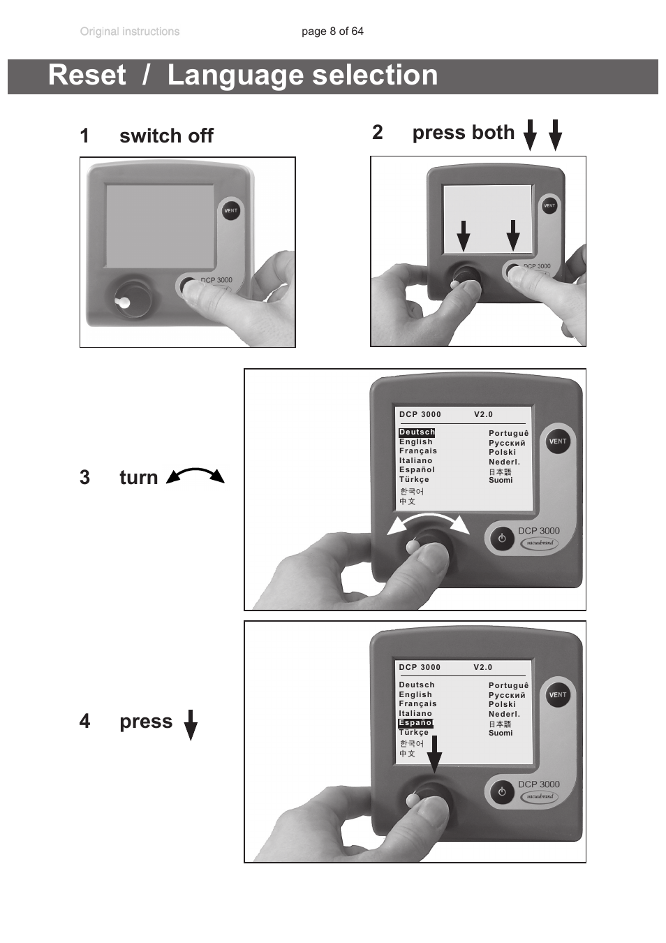 Reset / language selection, 1 switch off 2 press both 3 turn 4 press | VACUUBRAND DCP 3000 User Manual | Page 8 / 64