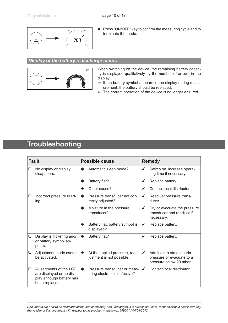 Display of the battery‘s discharge status, Troubleshooting | VACUUBRAND DVR 2 User Manual | Page 10 / 17