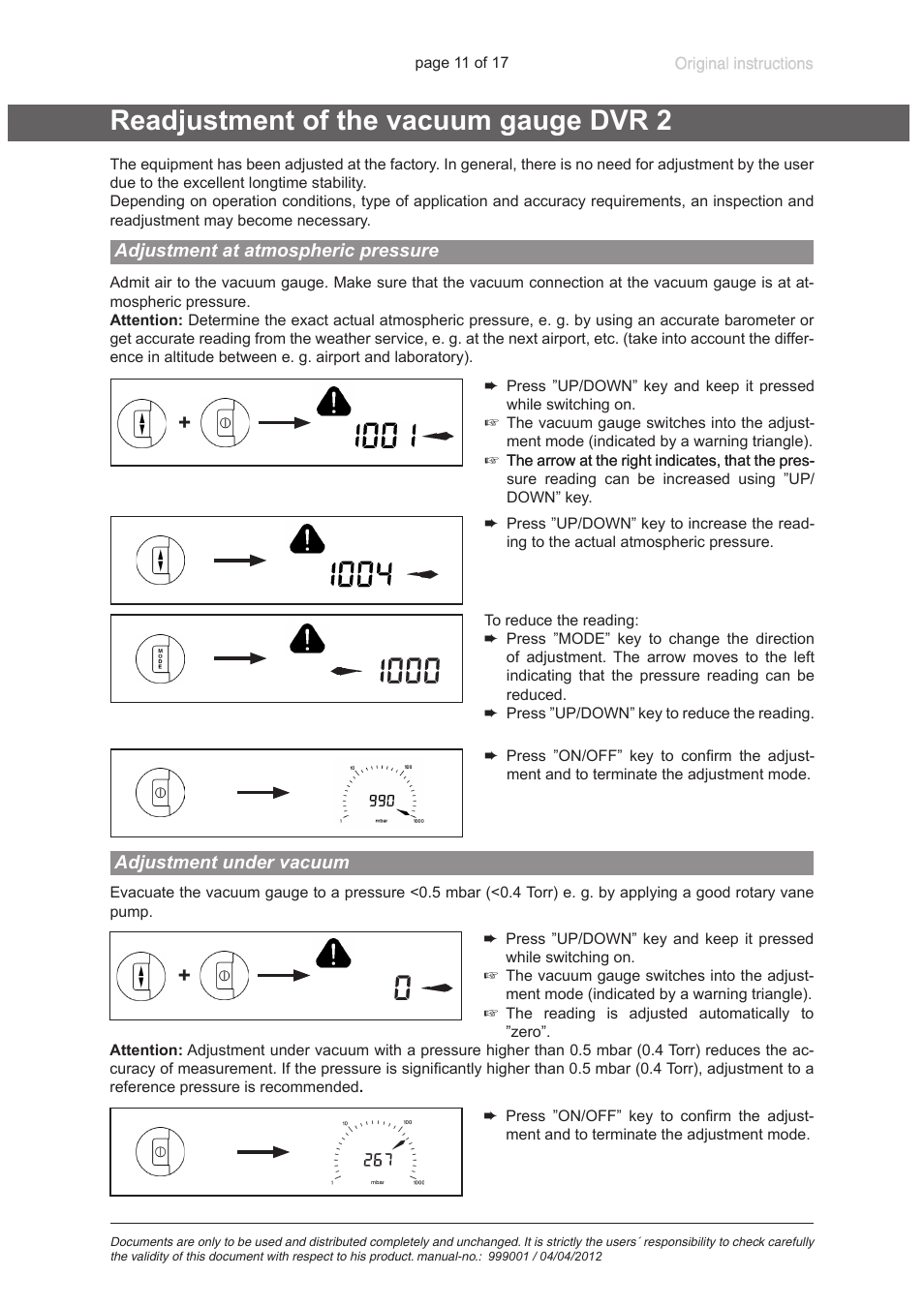 Readjustment of the vacuum gauge dvr 2, Adjustment at atmospheric pressure, Adjustment under vacuum | VACUUBRAND DVR 2 User Manual | Page 11 / 17