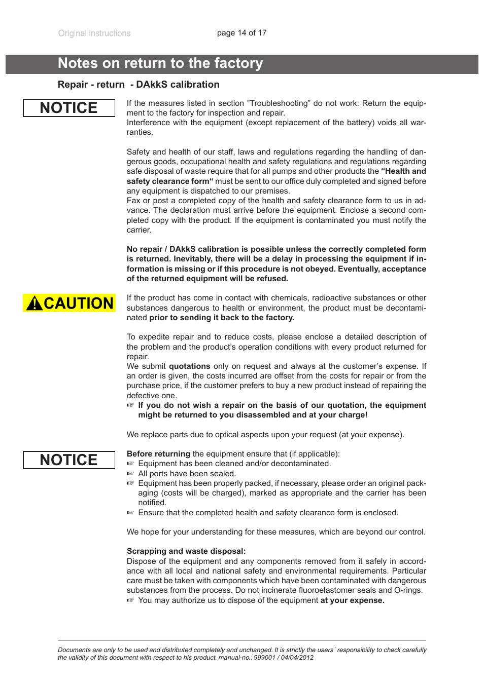 Notes on return to the factory, Notice | VACUUBRAND DVR 2 User Manual | Page 14 / 17