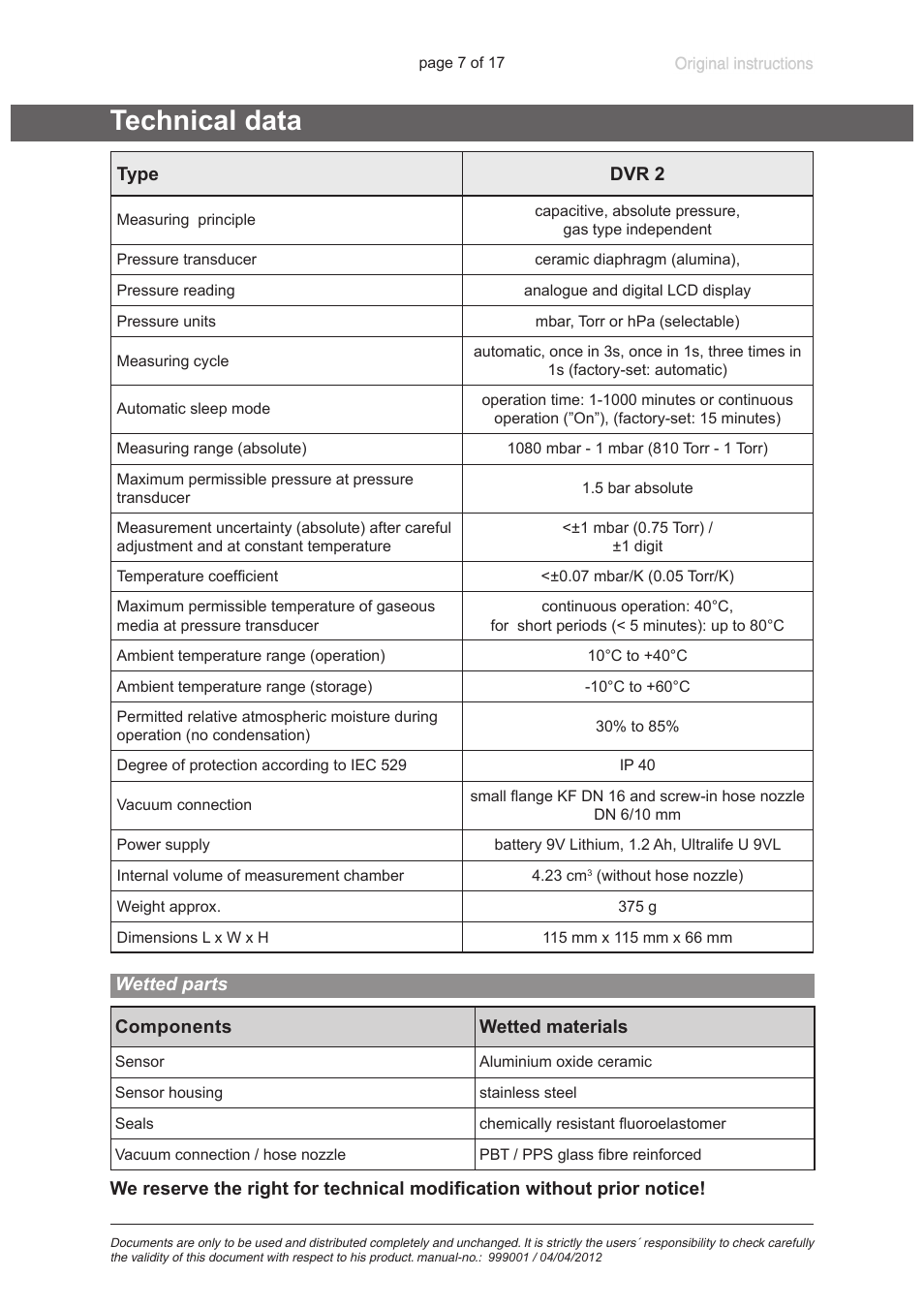 Technical data, Wetted parts | VACUUBRAND DVR 2 User Manual | Page 7 / 17