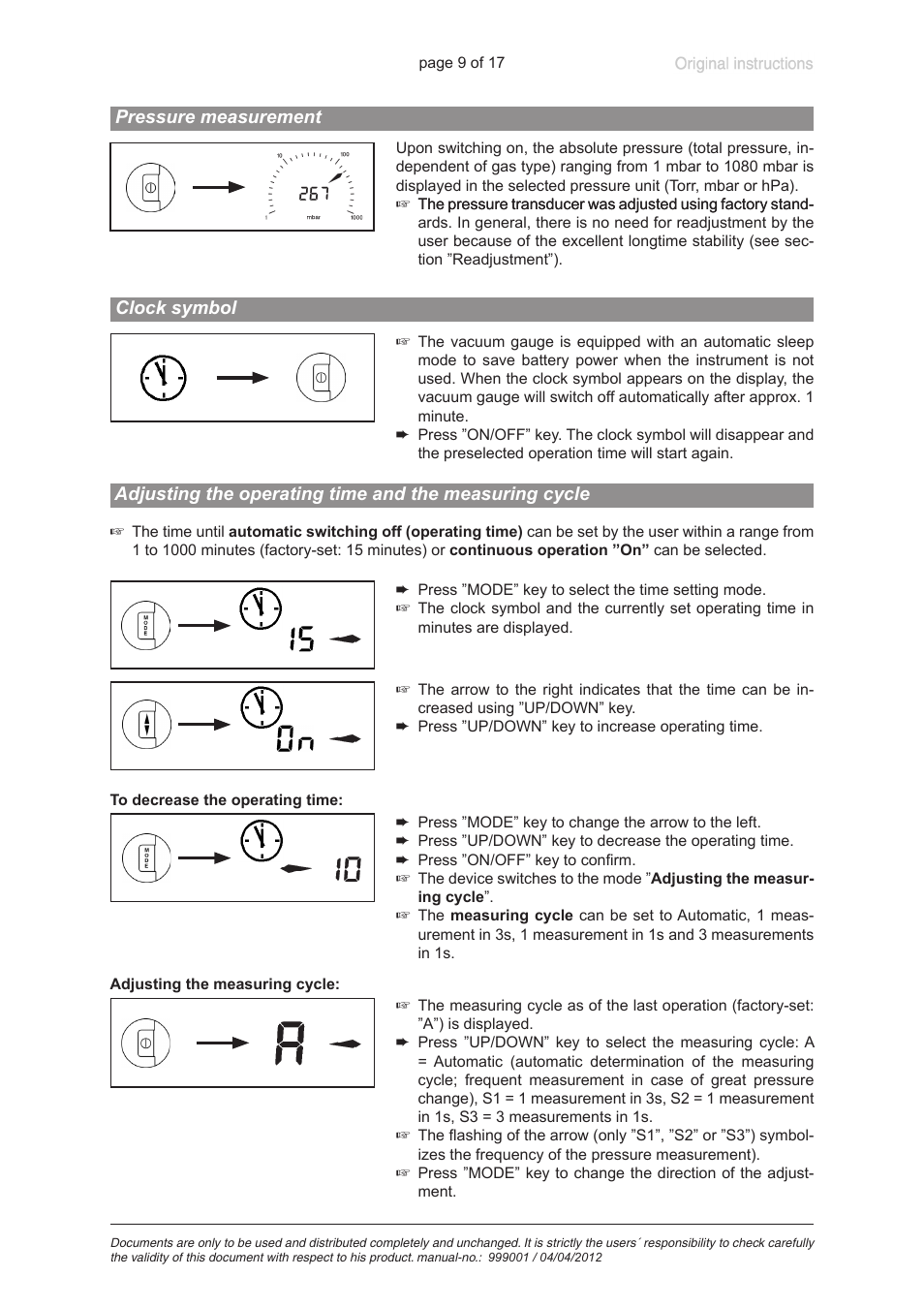 Pressure measurement, Clock symbol | VACUUBRAND DVR 2 User Manual | Page 9 / 17